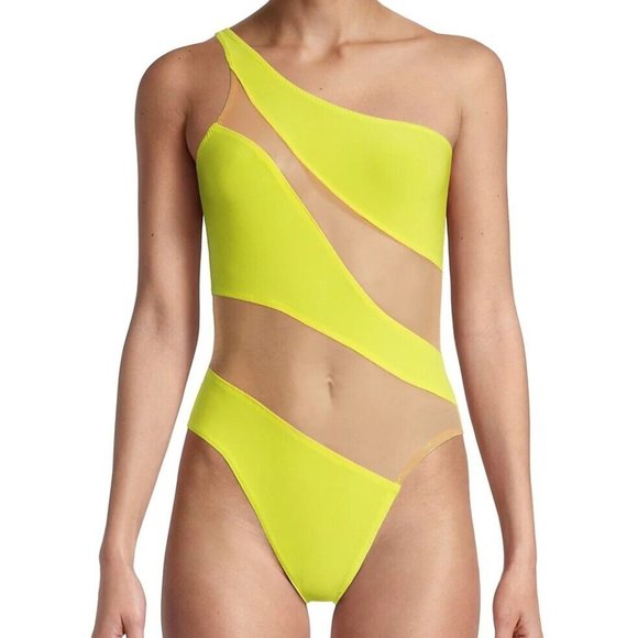 $265 NORMA KAMALI Snake Mesh One-Shoulder Swimsuit Bodysuit Nude Yellow XXS - Picture 3 of 16